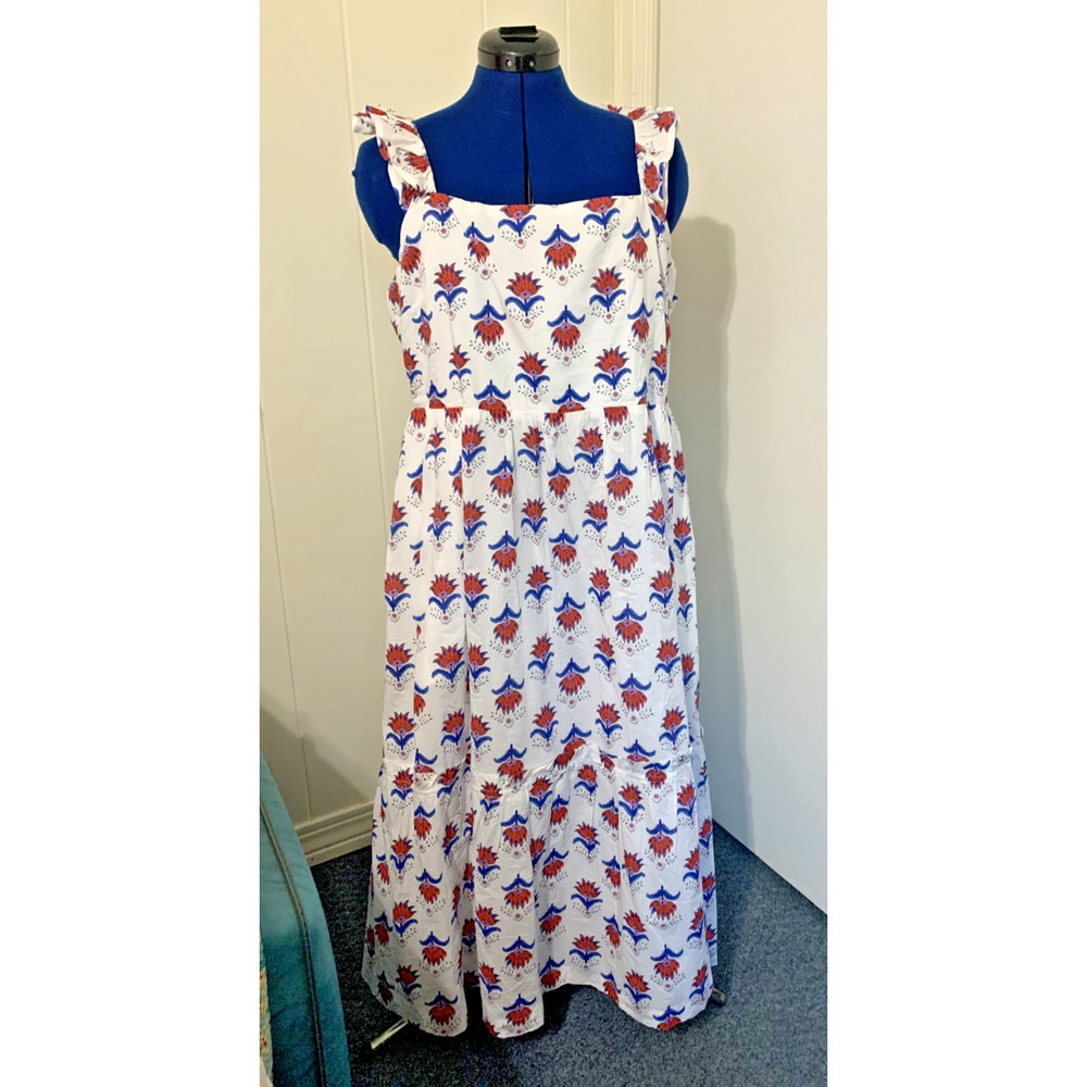 J. Crew 18 Dress Floral Red Blue White Tiered Line Back Smocked Sundress Cottage